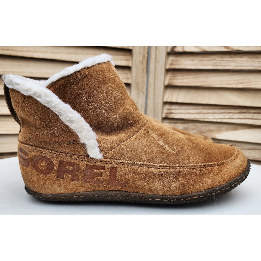 Sorel Sz 8.5 Tan Suede Faux Fur Nakiska Bootie Slippers NL3389-224 Cozy Winter